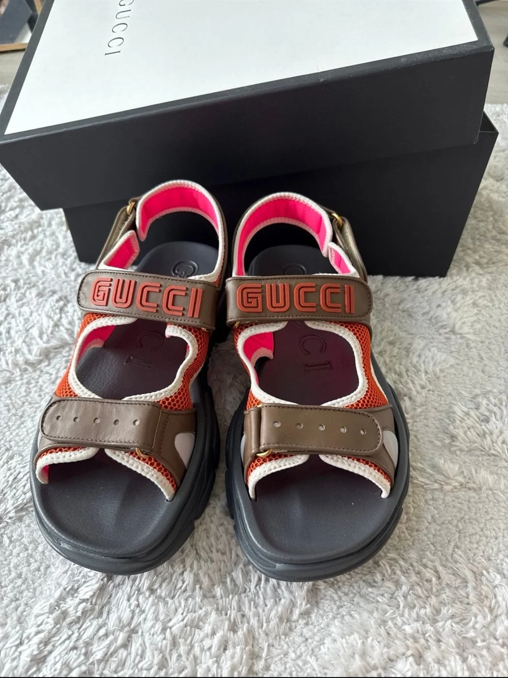 Gucci Brown, Orange & Black Leather Mesh Sport Sandals